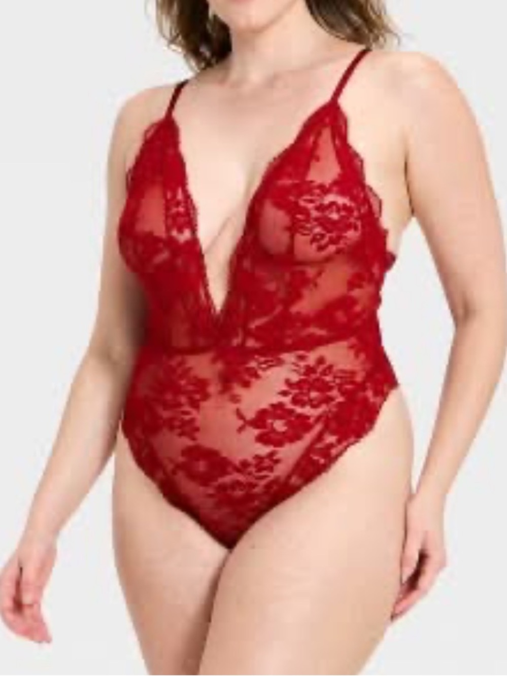 Auden Sexy Red Eyelash Lace Plunge Bodysuit - Women Intimates